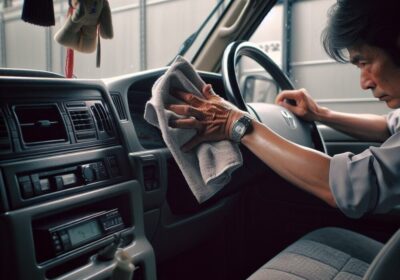 運転席で車内を清掃する日本人男性
