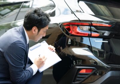 黒い車の角を査定するビジネスマン