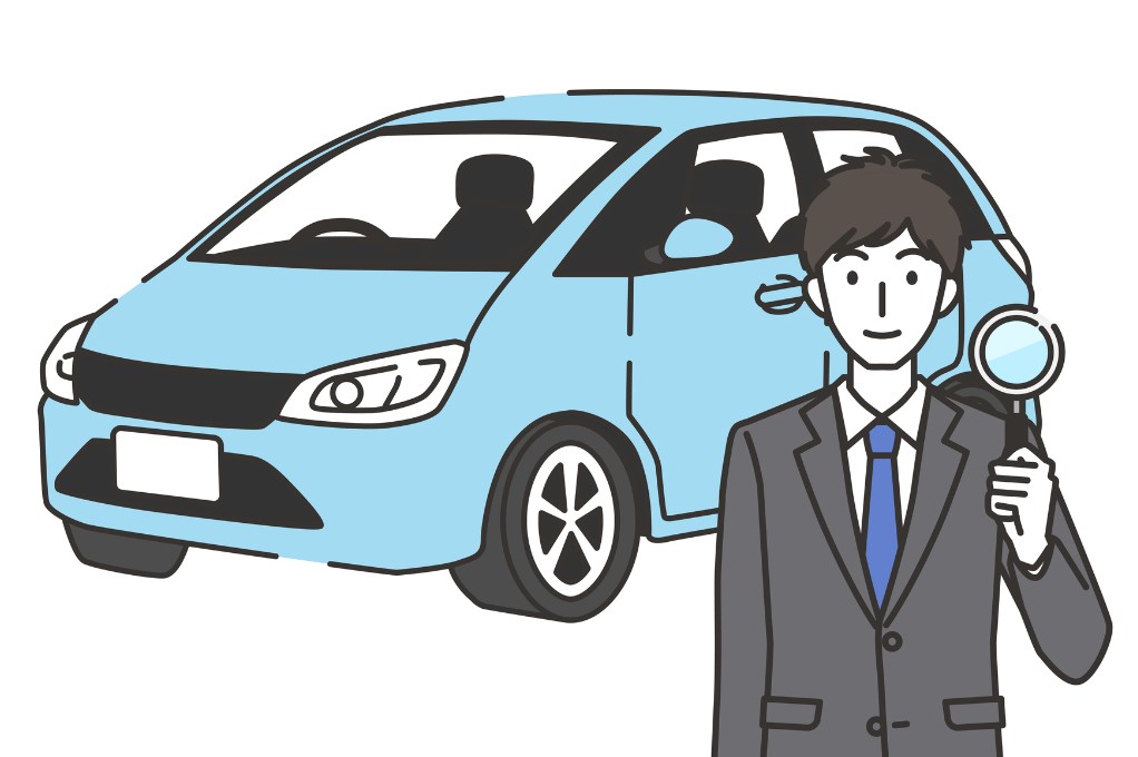 車と虫眼鏡を持った男性ビジネスマンのイラスト