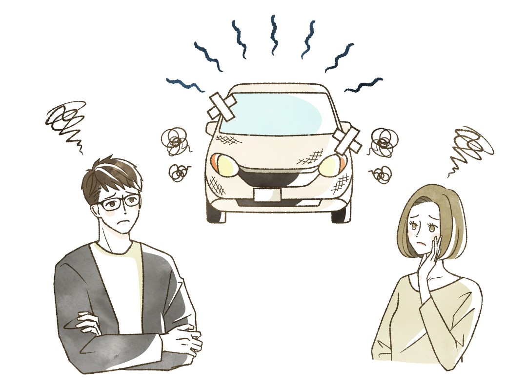 古い車を見せ困っている男女のイラスト