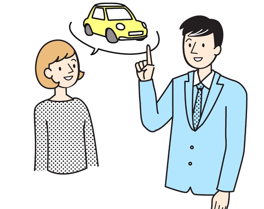 車売却の説明をする男性ビジネスマンとそれを聞く女性
