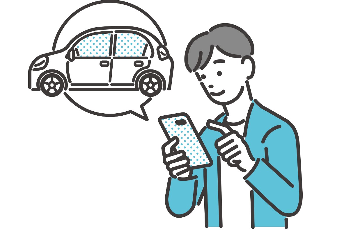 スマホで車を検索する男性のイラスト